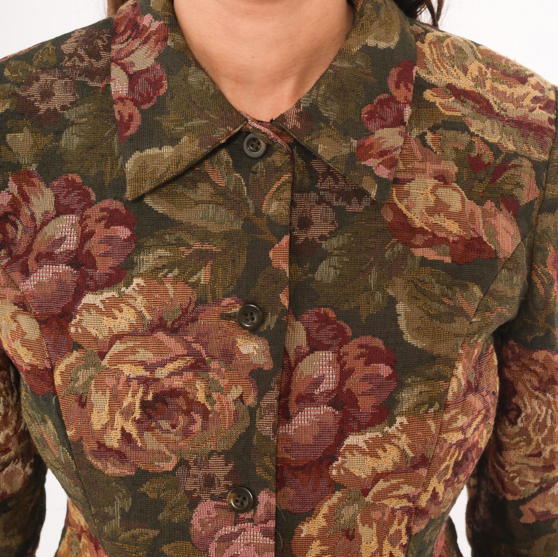 90s Jessica Howard Floral Tapestry Blazer Olive Burgundy Fitted XS