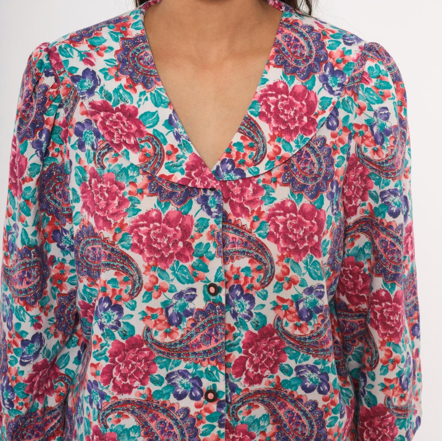 90s Worthington Floral Paisley Blouse Pink Teal Purple Three Quarter Sleeve Large L