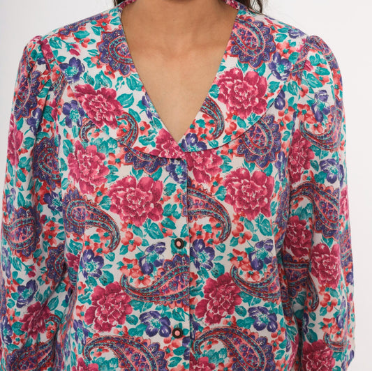 90s Worthington Floral Paisley Blouse Pink Teal Purple Three Quarter Sleeve Large L