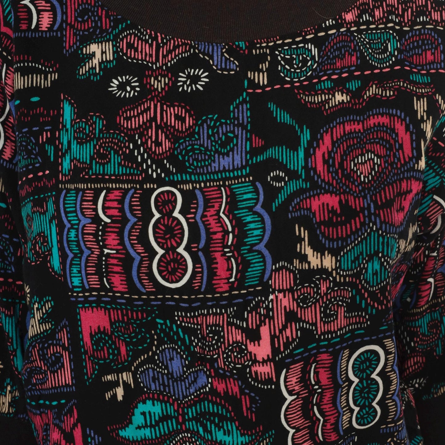90s Abstract Pullover Blouse Boat Neck Teal Pink Black Graphic Medium M