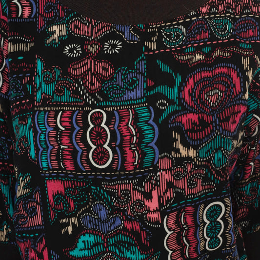90s Abstract Pullover Blouse Boat Neck Teal Pink Black Graphic Medium M