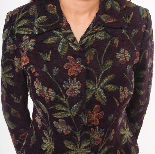 90s Jessica Howard Floral Tapestry Blazer Plum Botanical Woven Cropped Small S