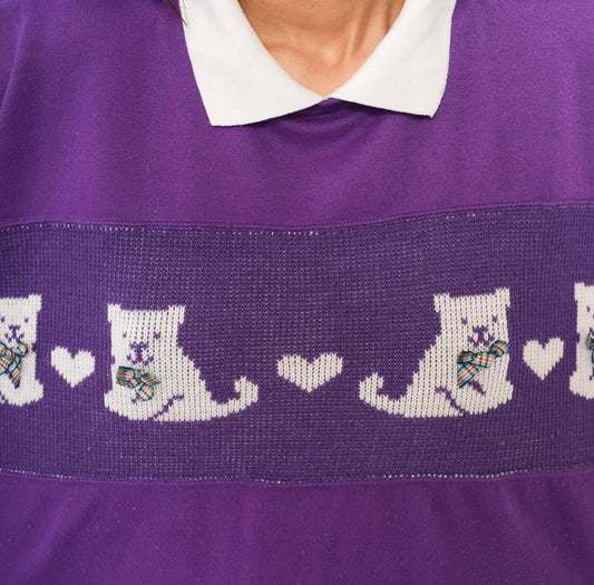 90s Purple Cat Collared Sweatshirt White Collar Plaid Bow Heart Panel Plus Size 1X