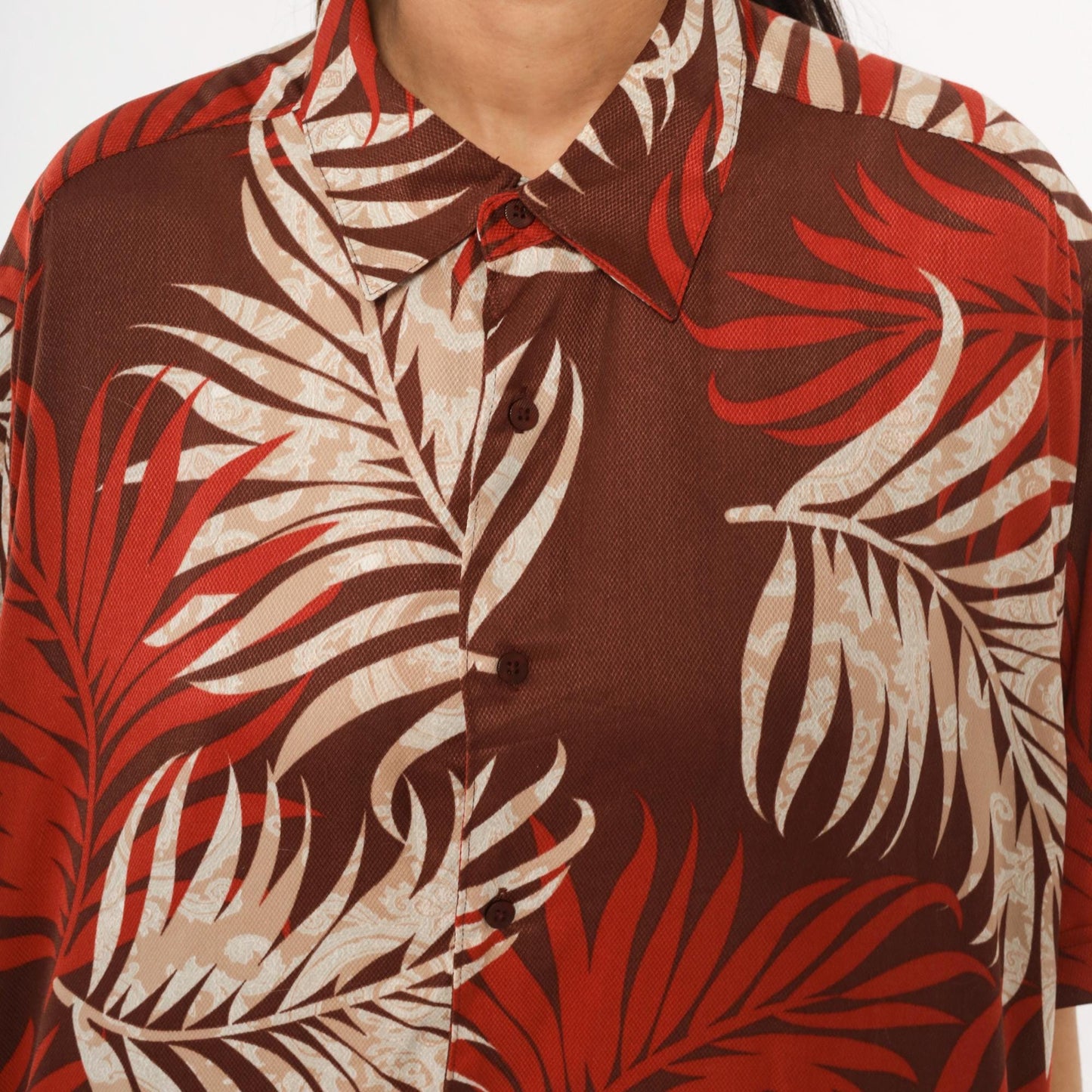Y2K Havanera Hawaiian Shirt Palm Frond Print Rust Brown Cream Extra Large XL