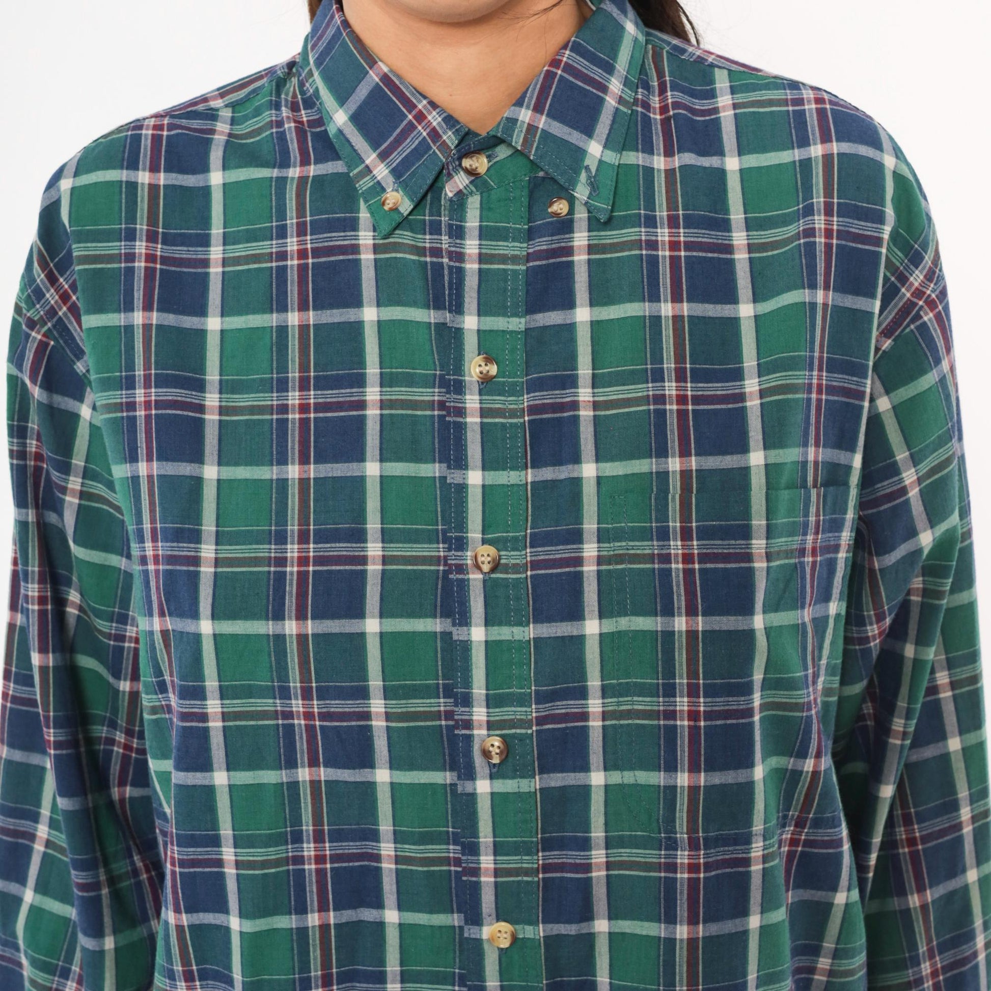 80s McGregor Plaid Flannel Button-Down Shirt Forest Green Navy Tartan Large L