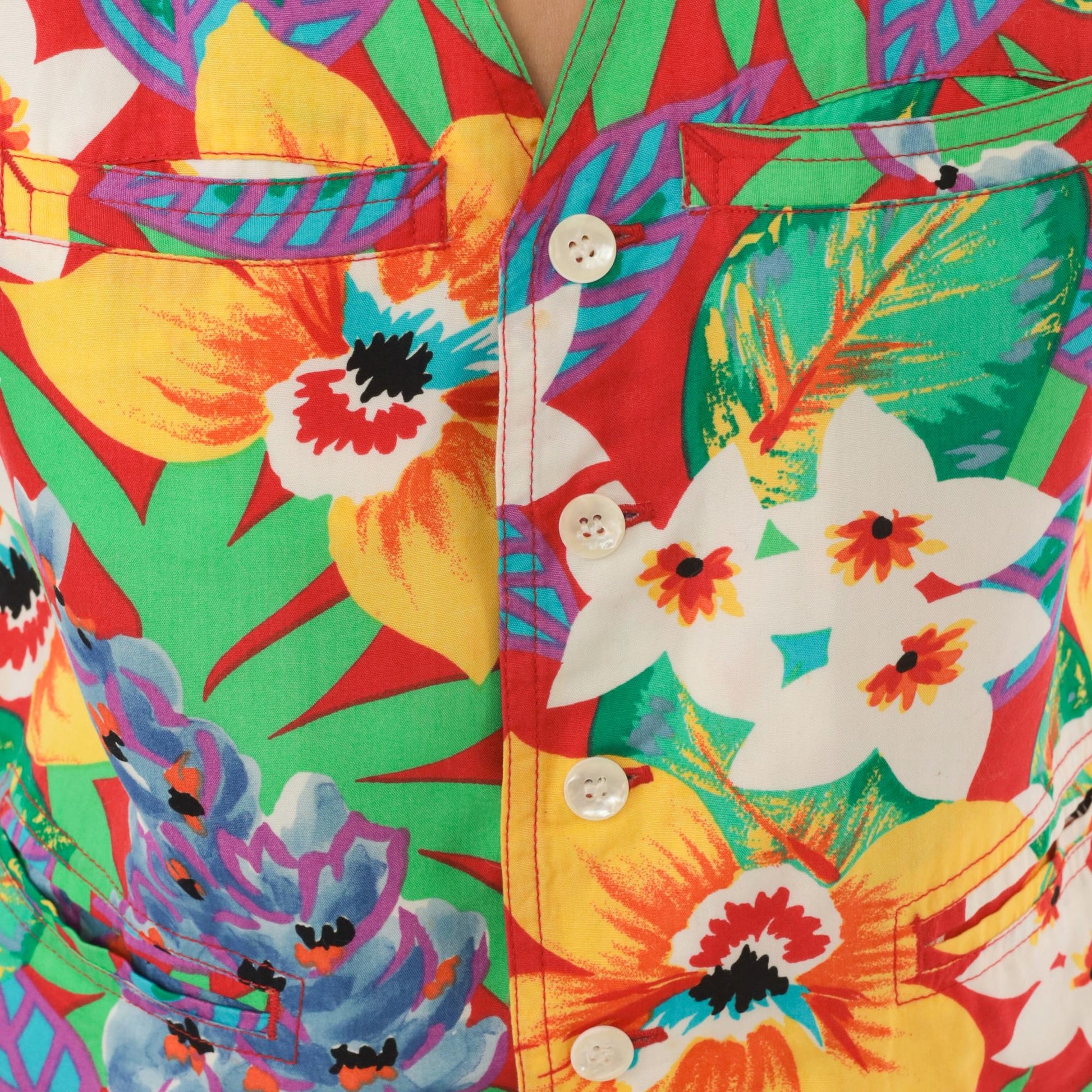 90s Lizwear Tropical Floral Vest Red Hibiscus Button Front V-Neck Medium M
