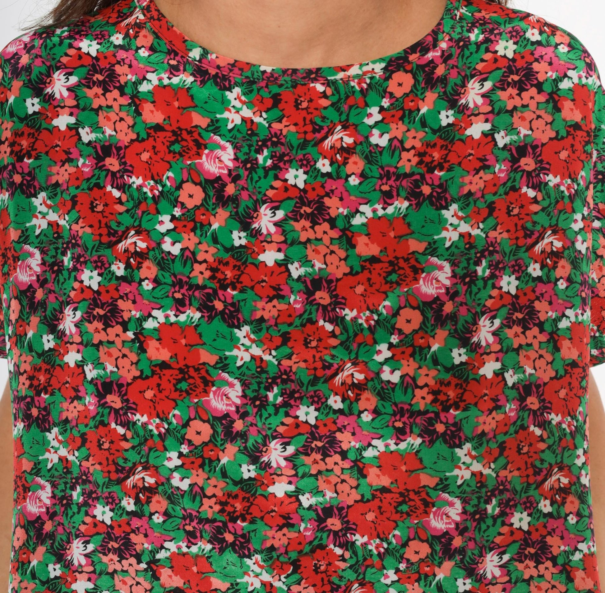 90s Jennifer Lloyd Floral Blouse Red Green Garden Print Cap Sleeve Medium