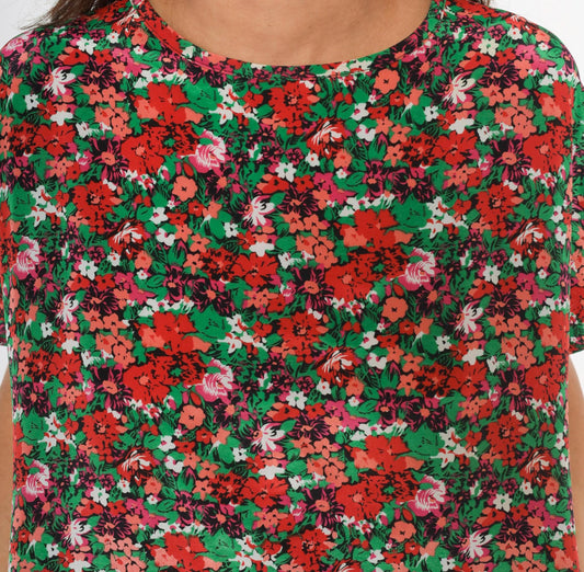 90s Jennifer Lloyd Floral Blouse Red Green Garden Print Cap Sleeve Medium