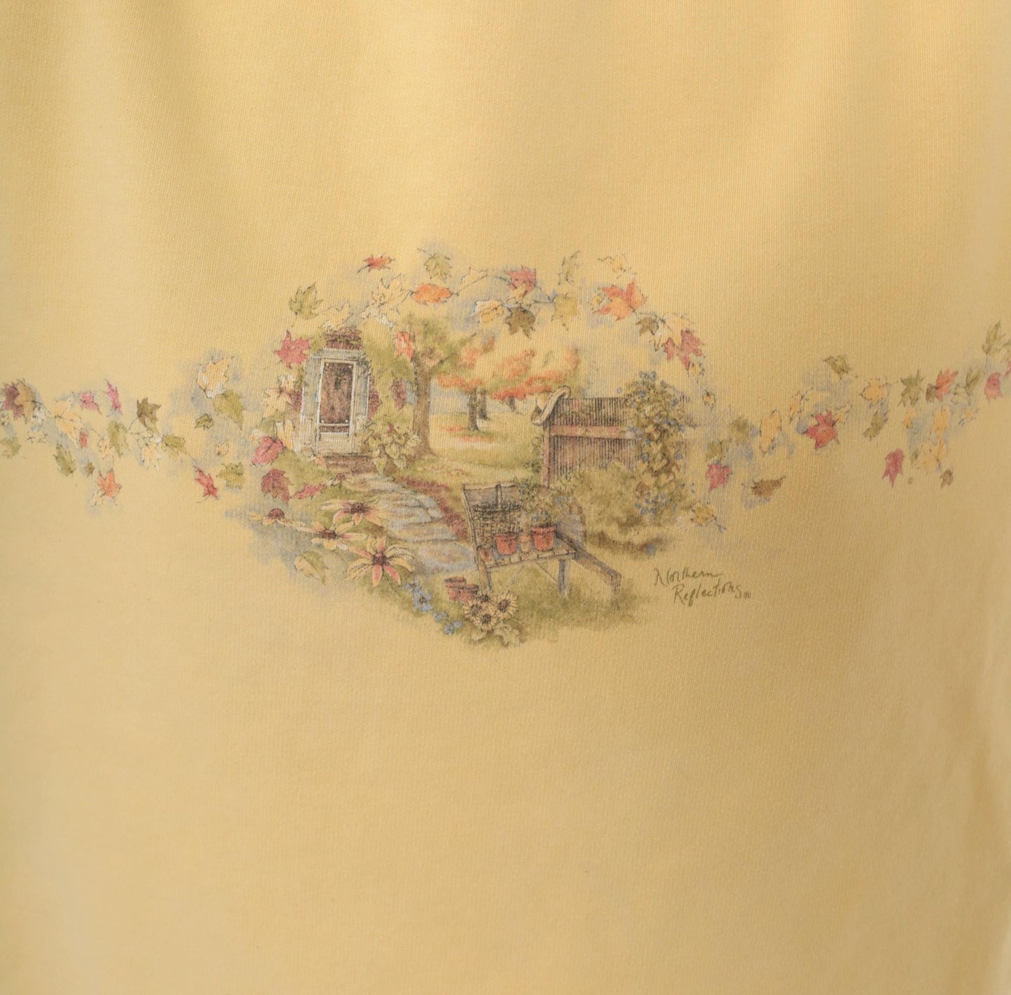 90s Northern Reflections Butter Yellow Garden Scene Sweatshirt Cotton Large L