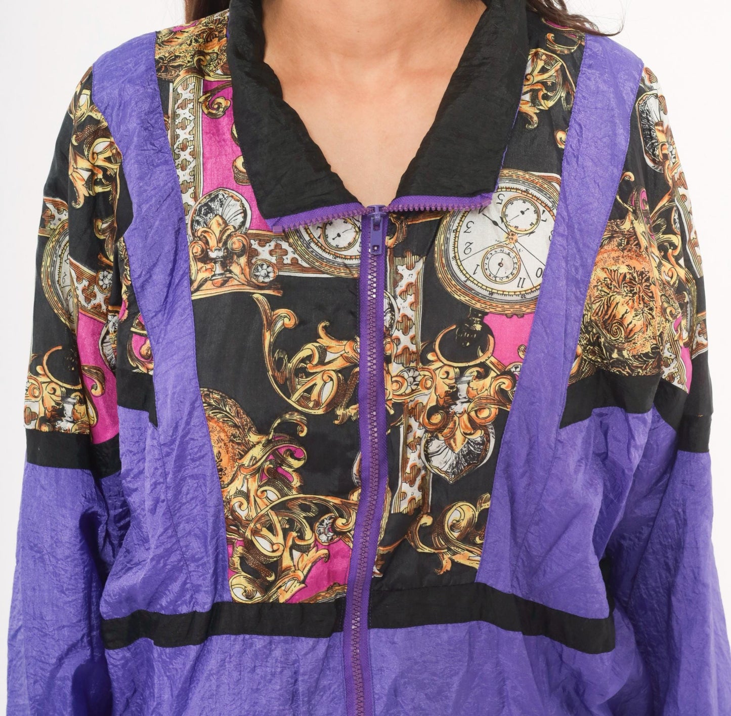 90s Baroque Clock Windbreaker Purple Gold Pocket Watch Shell Jacket Medium