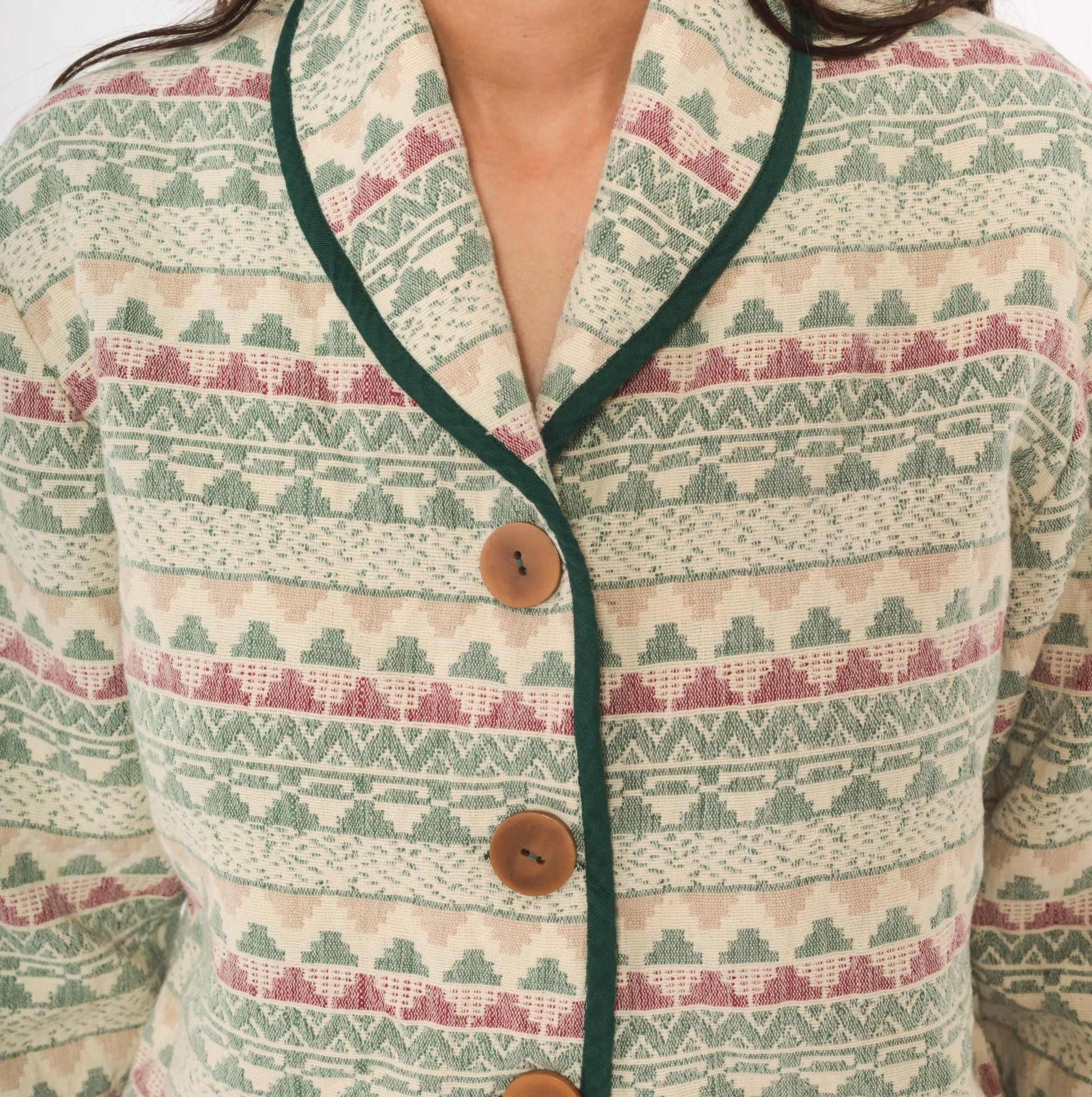 90s Southwest Canyon Tapestry Jacket Cropped Cream Sage Geometric Wooden Button Large L