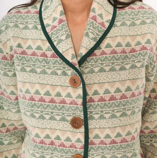 90s Southwest Canyon Tapestry Jacket Cropped Cream Sage Geometric Wooden Button Large L