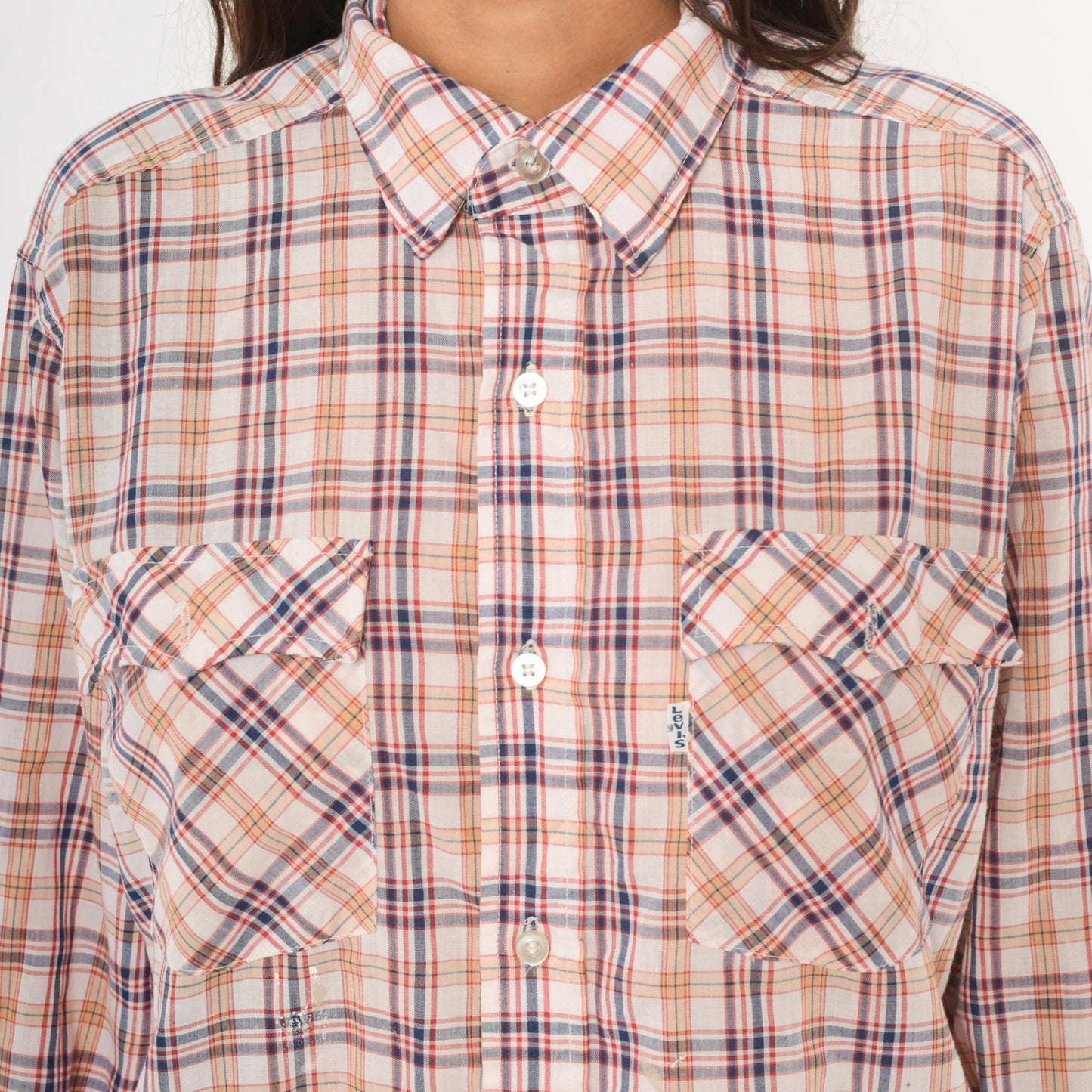 80s Levi Strauss Plaid Flannel Shirt White Navy Red Cotton Large L