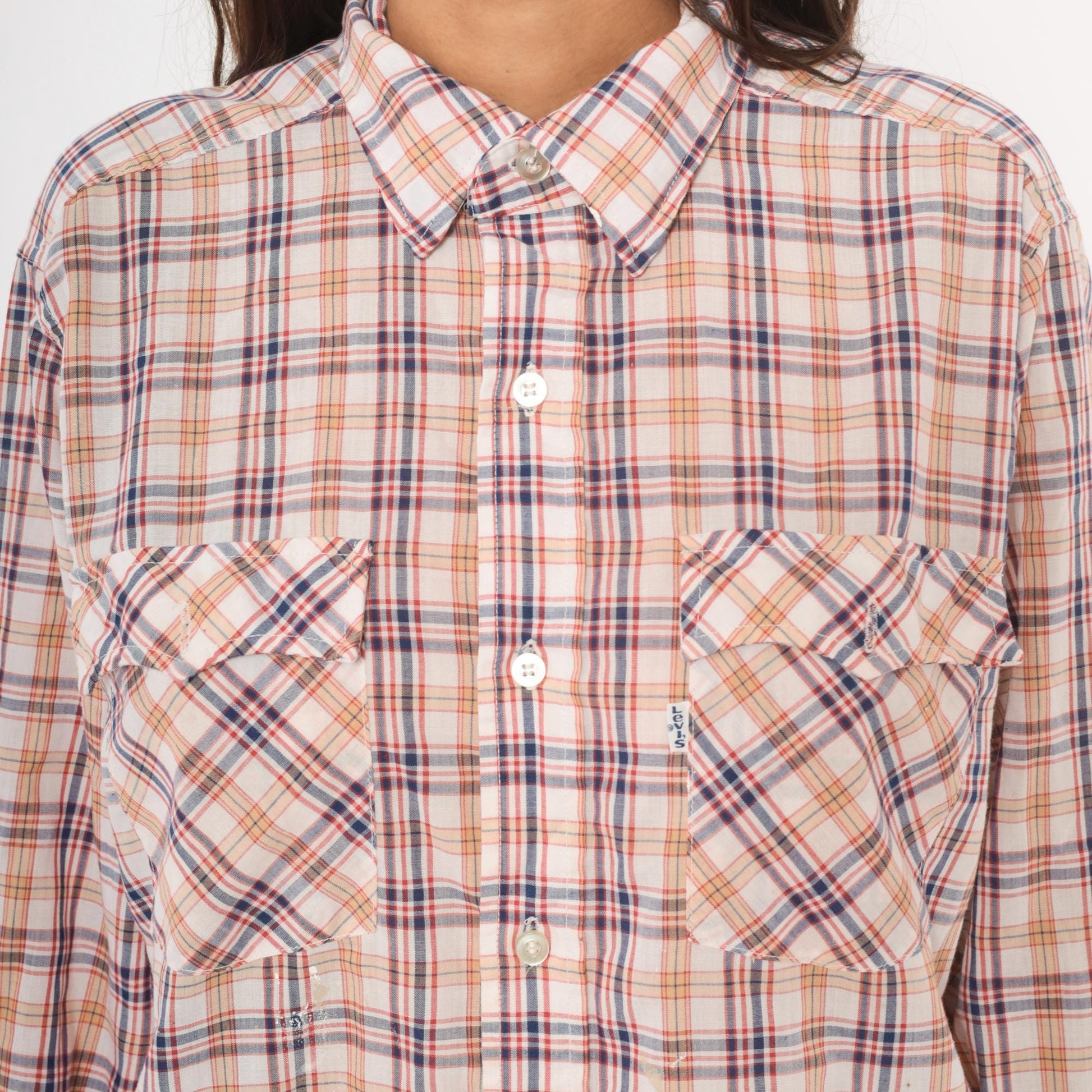 80s Levi Strauss Plaid Flannel Shirt White Navy Red Cotton Large L