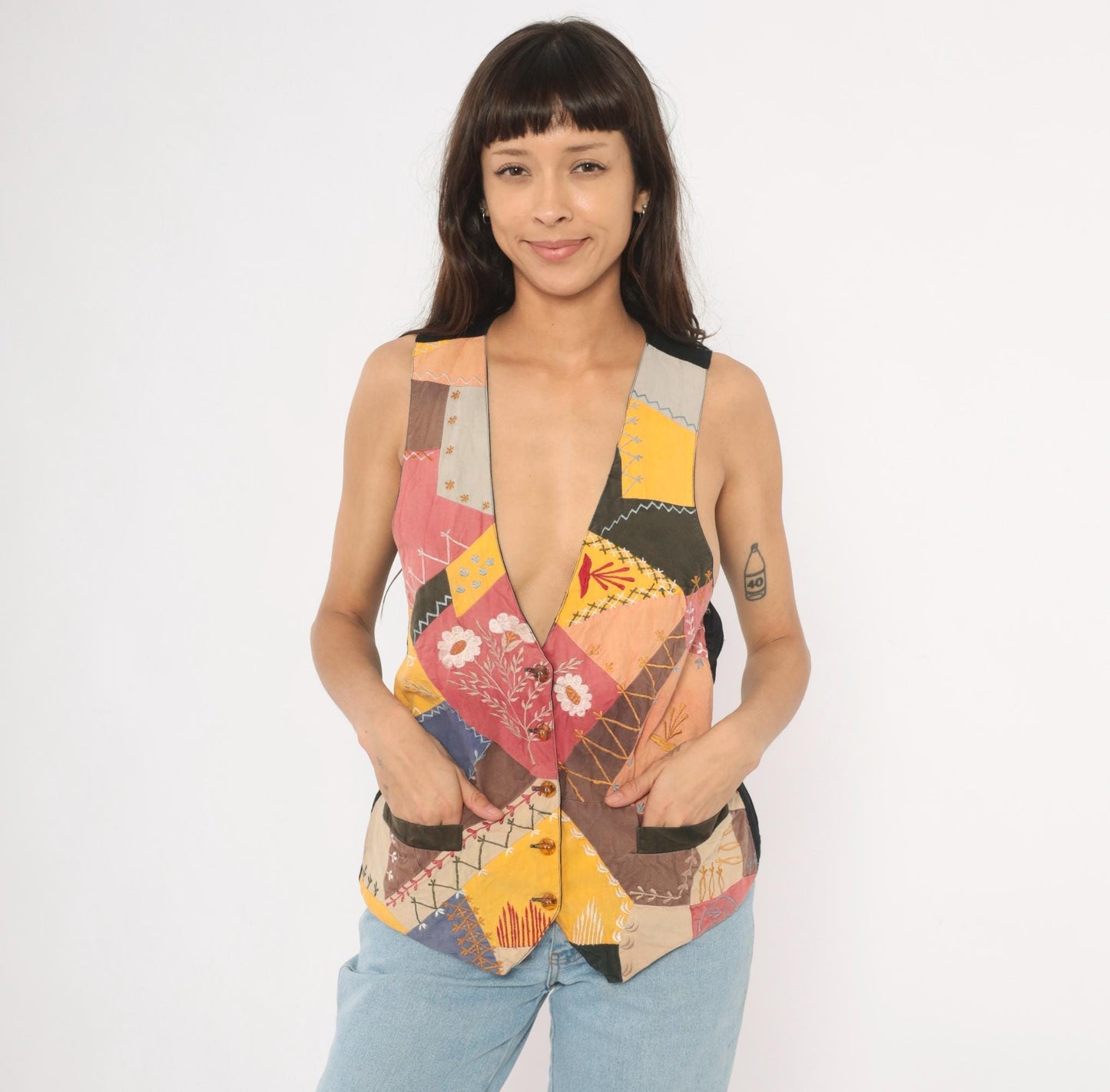 90s Exposed Clothing Patchwork Embroidered Vest Floral Crazy Quilt Small S