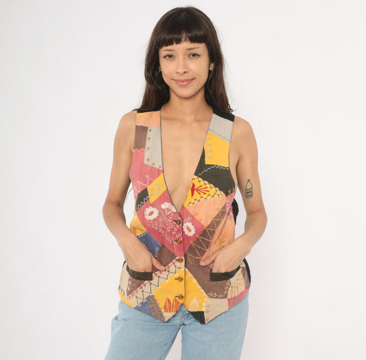 90s Exposed Clothing Patchwork Embroidered Vest Floral Crazy Quilt Small S