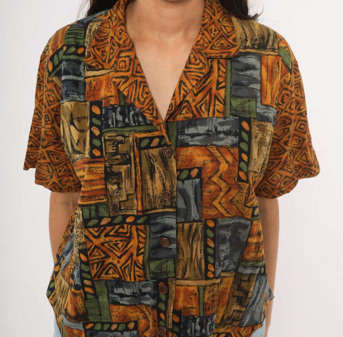 90s Tribal Patchwork Camp Collar Shirt Mustard Olive Slate Large L