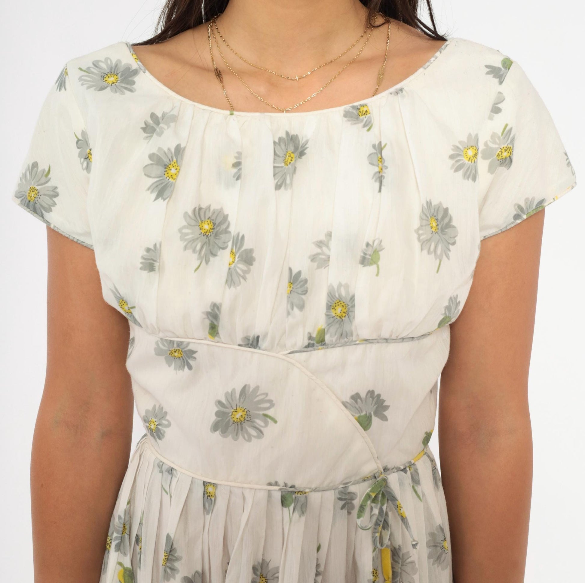 60s Daisy Print Fit And Flare Dress White Yellow Cotton Cap Sleeve Extra Small XS