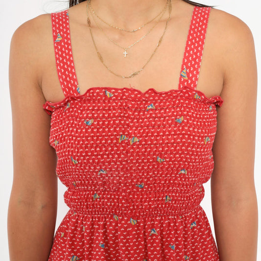 70s Red Sailboat Print Sundress Smocked Bodice Cotton Knee Length Medium M