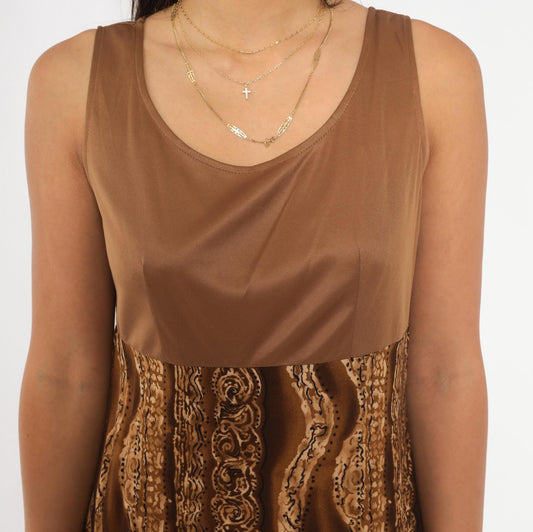 90s Molly Malloy Midi Dress Brown Tan Tribal Print Empire Waist Small