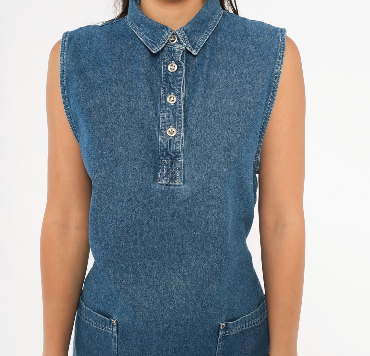90s Denim Shift Dress Sleeveless Button Front Blue Jean Medium Large