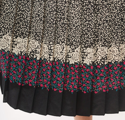 80s Floral Border Midi Skirt Black Cream Rose Pink Teal Pleated Medium Large