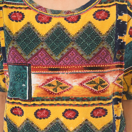 90s Gee J Southwestern Geometric Cotton Tee Multicolor Tribal Patchwork Large L
