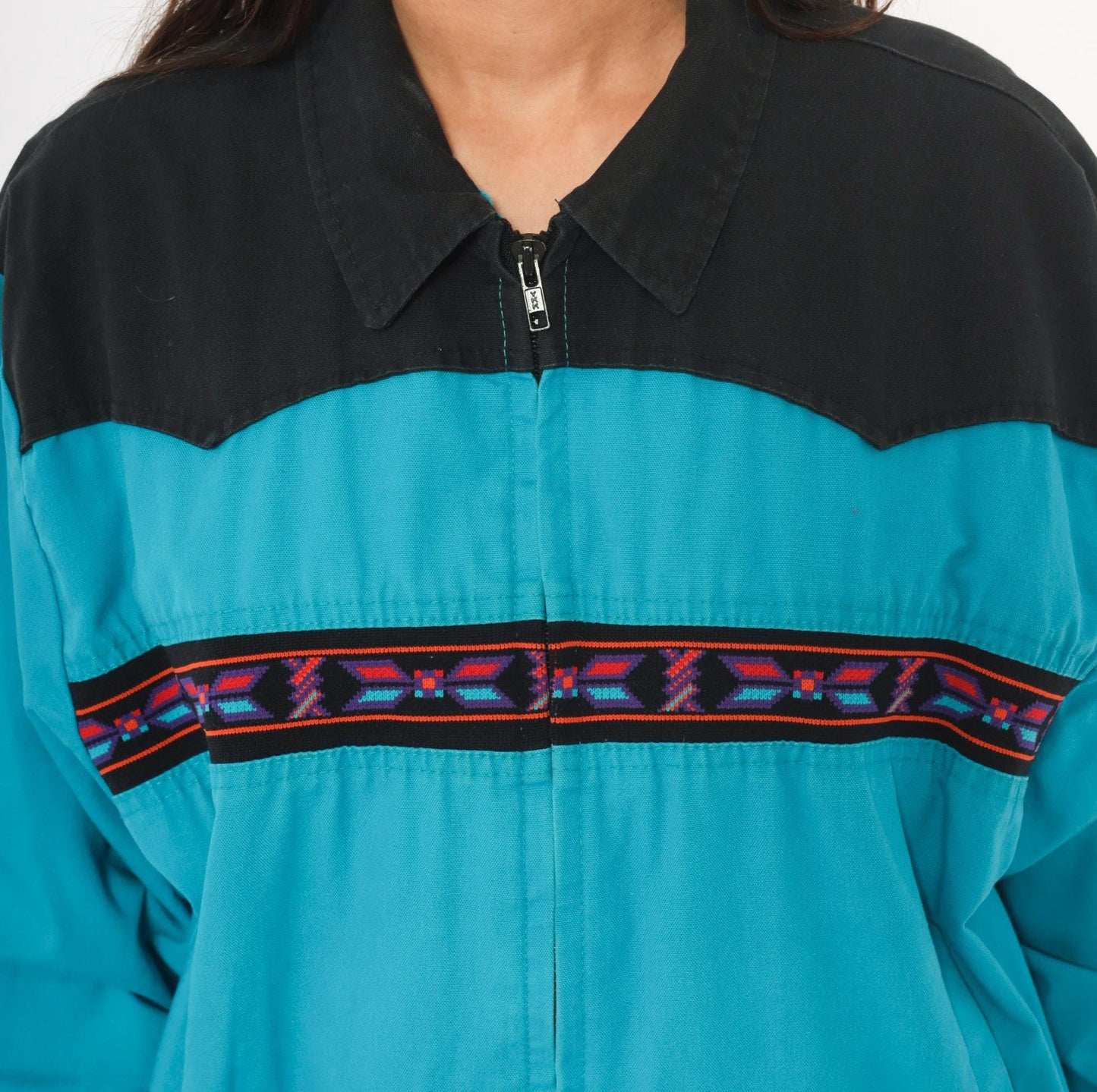 90s Santa Fe Trail Southwestern Bomber Jacket Teal Black Western Yoke Medium