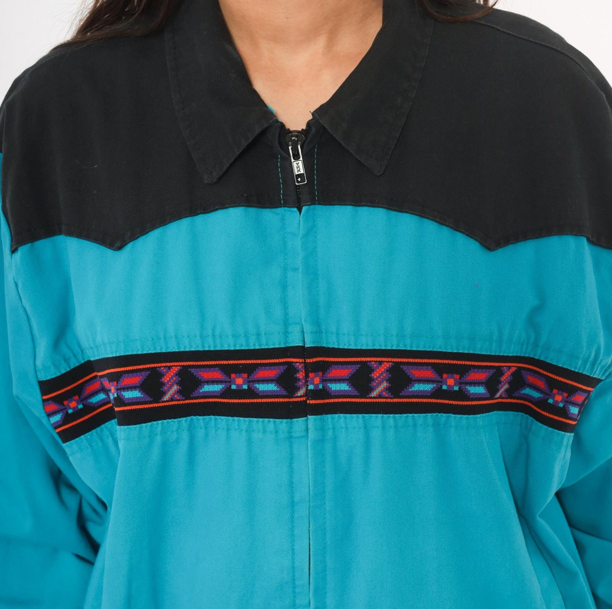 90s Santa Fe Trail Southwestern Bomber Jacket Teal Black Western Yoke Medium