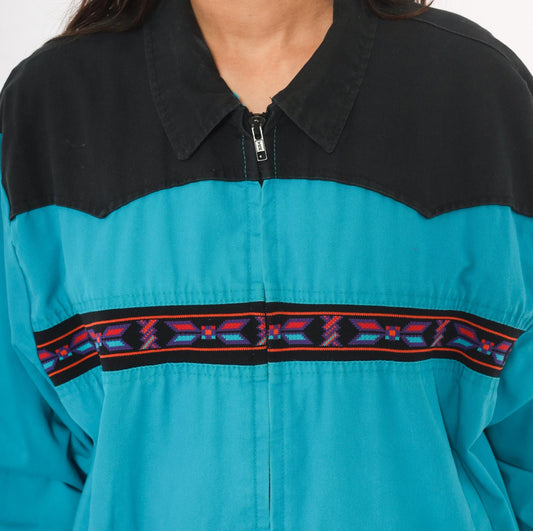 90s Santa Fe Trail Southwestern Bomber Jacket Teal Black Western Yoke Medium