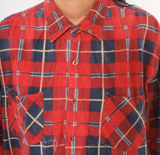90s Saugatuck Red Navy Plaid Flannel Shirt Cotton Point Collar Extra Large XL