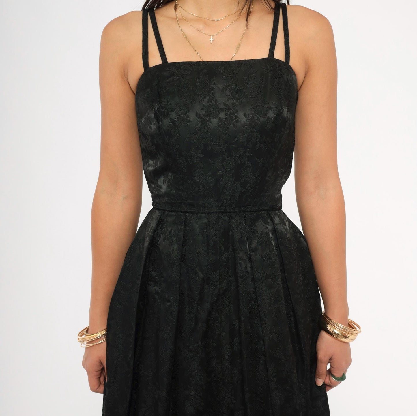 90s Black Jacquard Maxi Gown Double Strap Floral Brocade Floor Length Extra Small XS