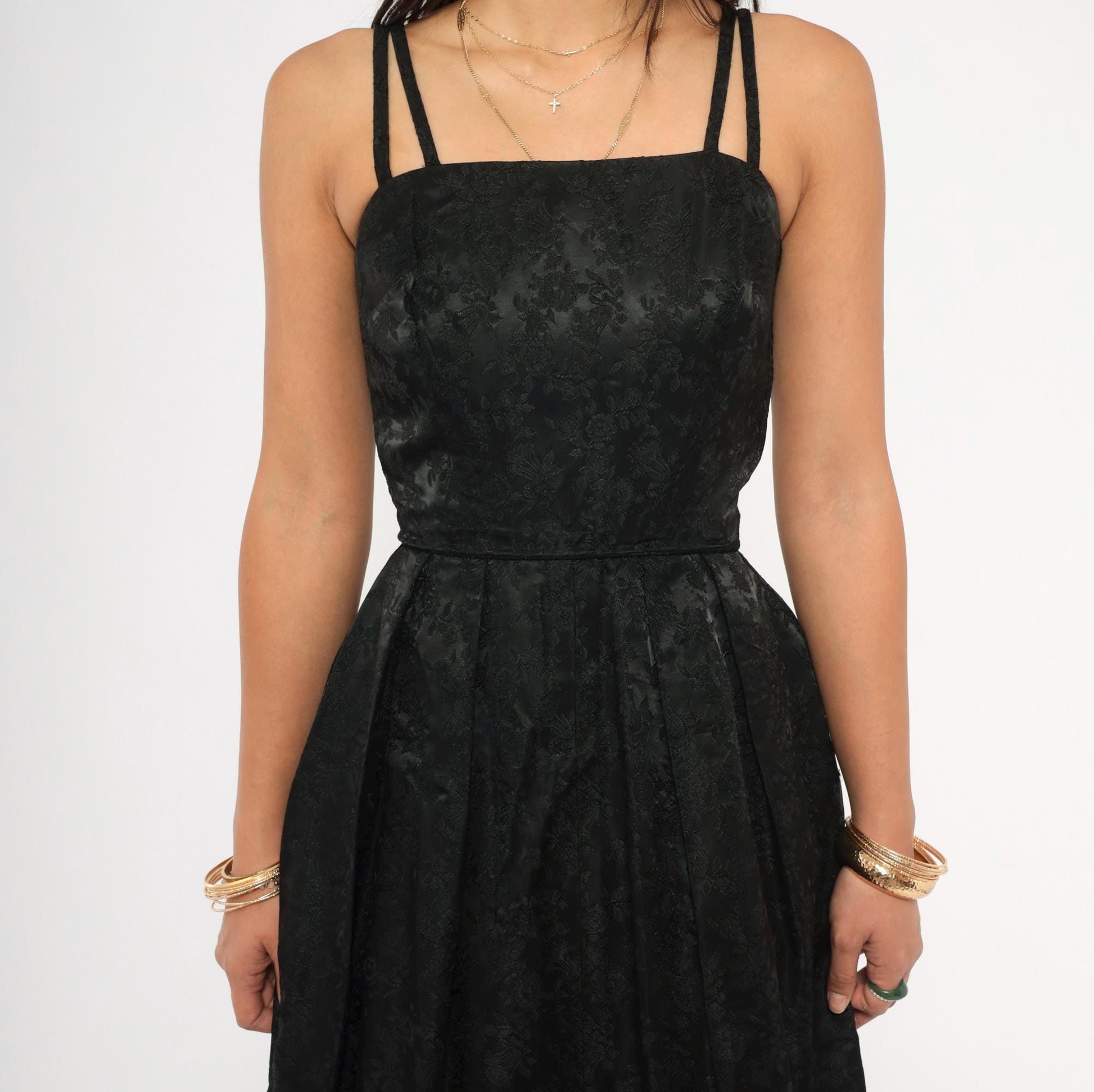 90s Black Jacquard Maxi Gown Double Strap Floral Brocade Floor Length Extra Small XS