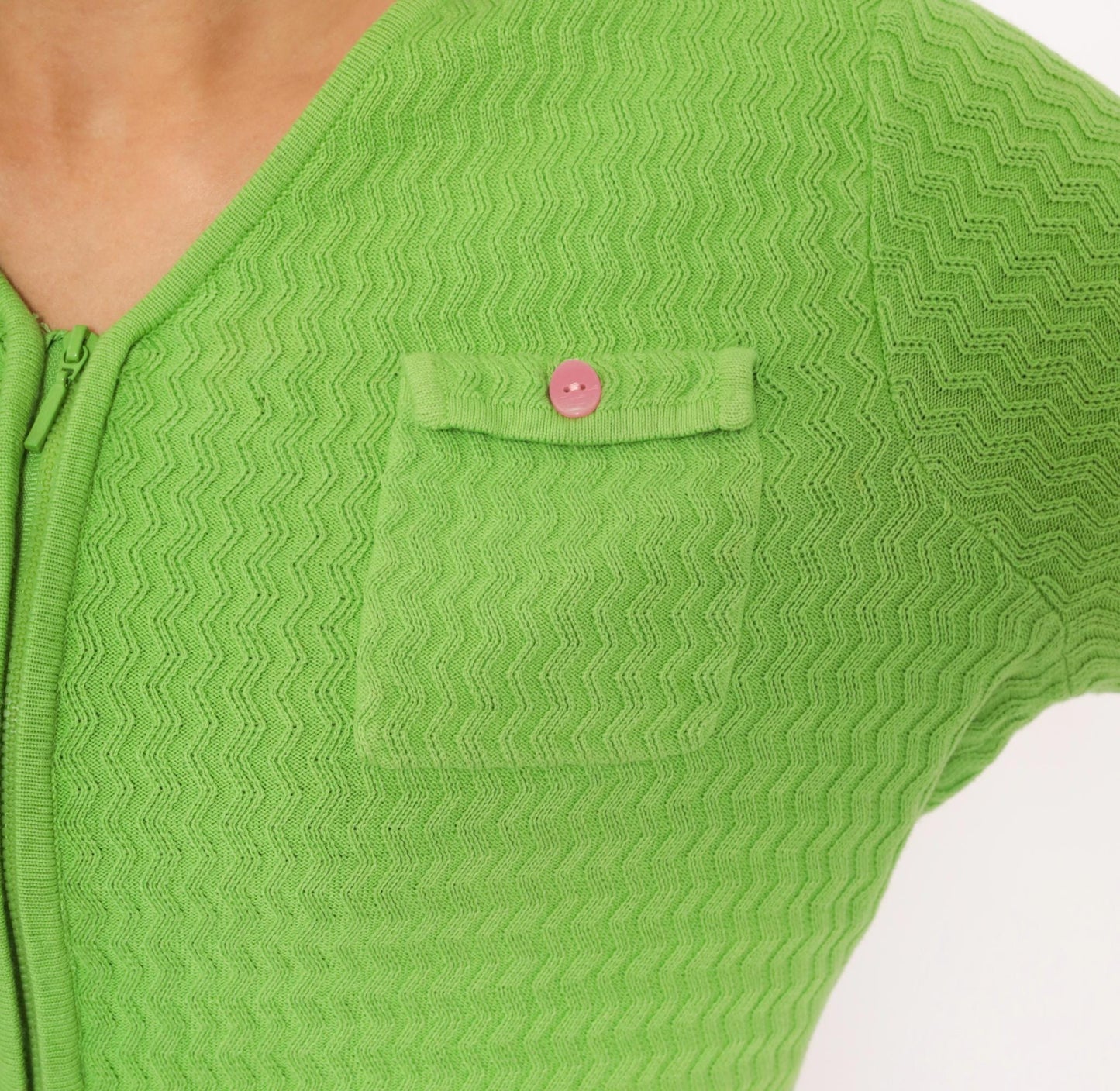 90s Sag Harbor Lime Green Chevron Cardigan Pink Button Pockets Medium M
