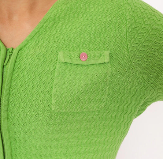 90s Sag Harbor Lime Green Chevron Cardigan Pink Button Pockets Medium M