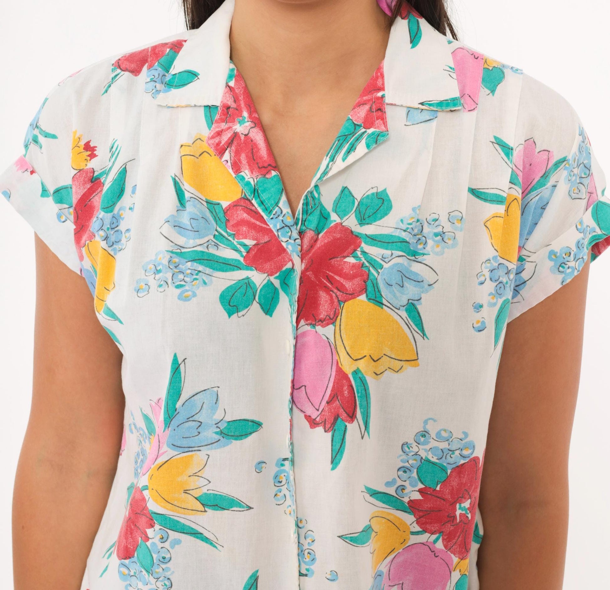 80s Cabrais Floral Button-Up Blouse White Camp Collar Cotton Medium M