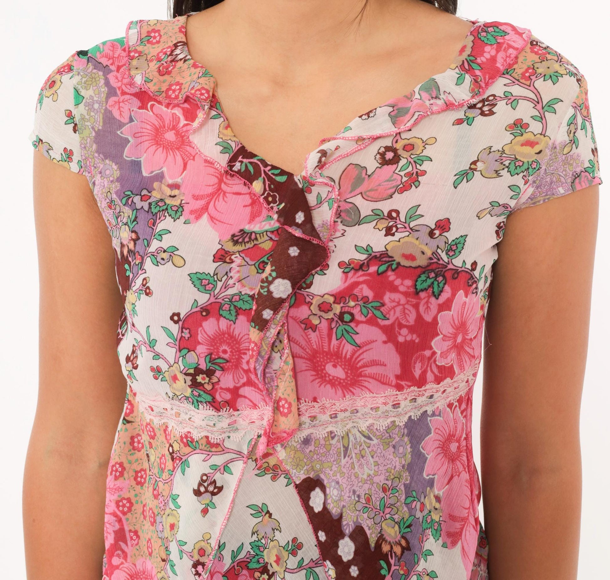 Y2K Patchwork Floral Blouse Pink Lavender Cap Sleeve Ruffle Lace Large L