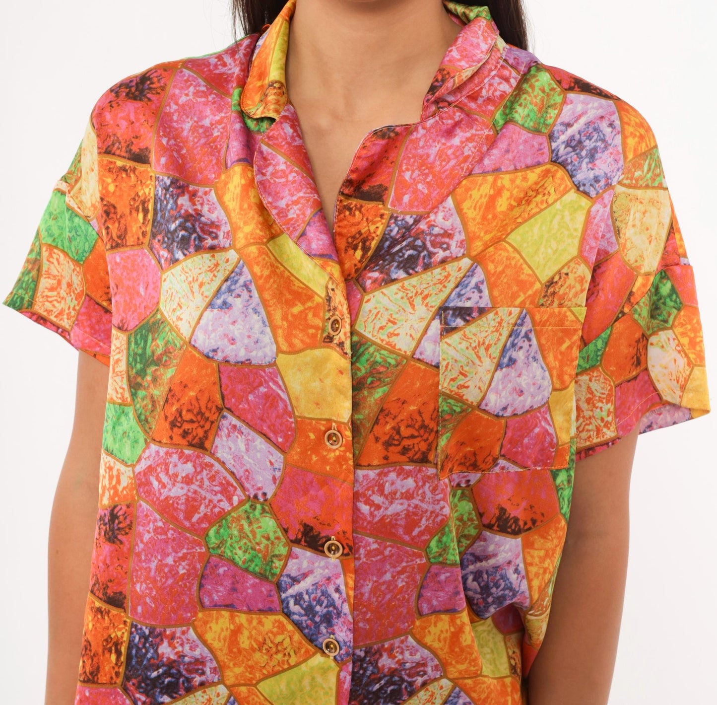 2000s Mosaic Stained Glass Camp Collar Shirt Geometric Blouse Large L