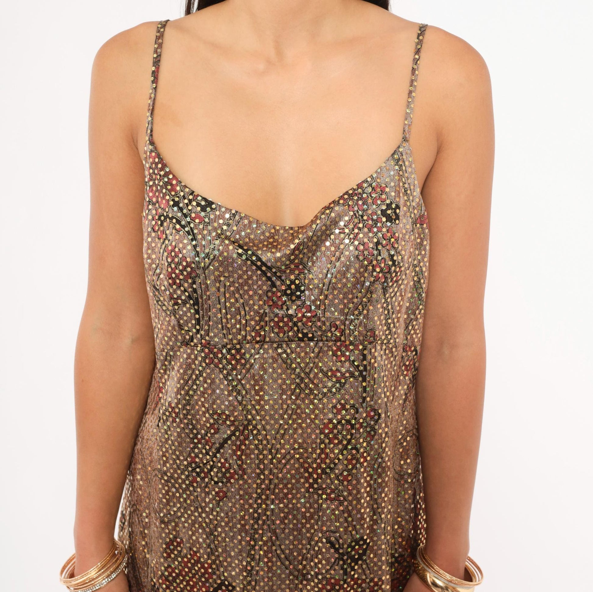 90s Metallic Shimmer Maxi Slip Dress Tan Burgundy Floral Gold Spaghetti Strap Large L