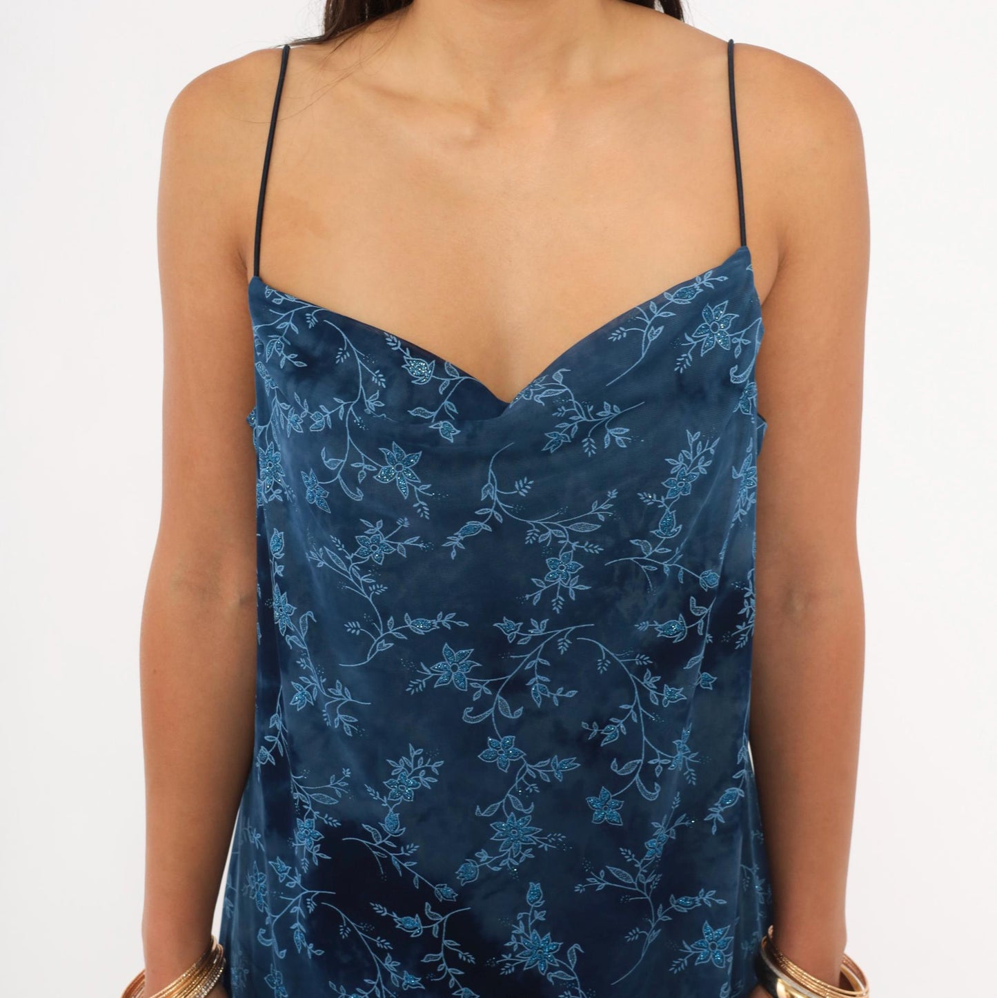 90s Jodi Michaels Navy Floral Maxi Slip Dress Glitter Sweetheart Neckline Large L