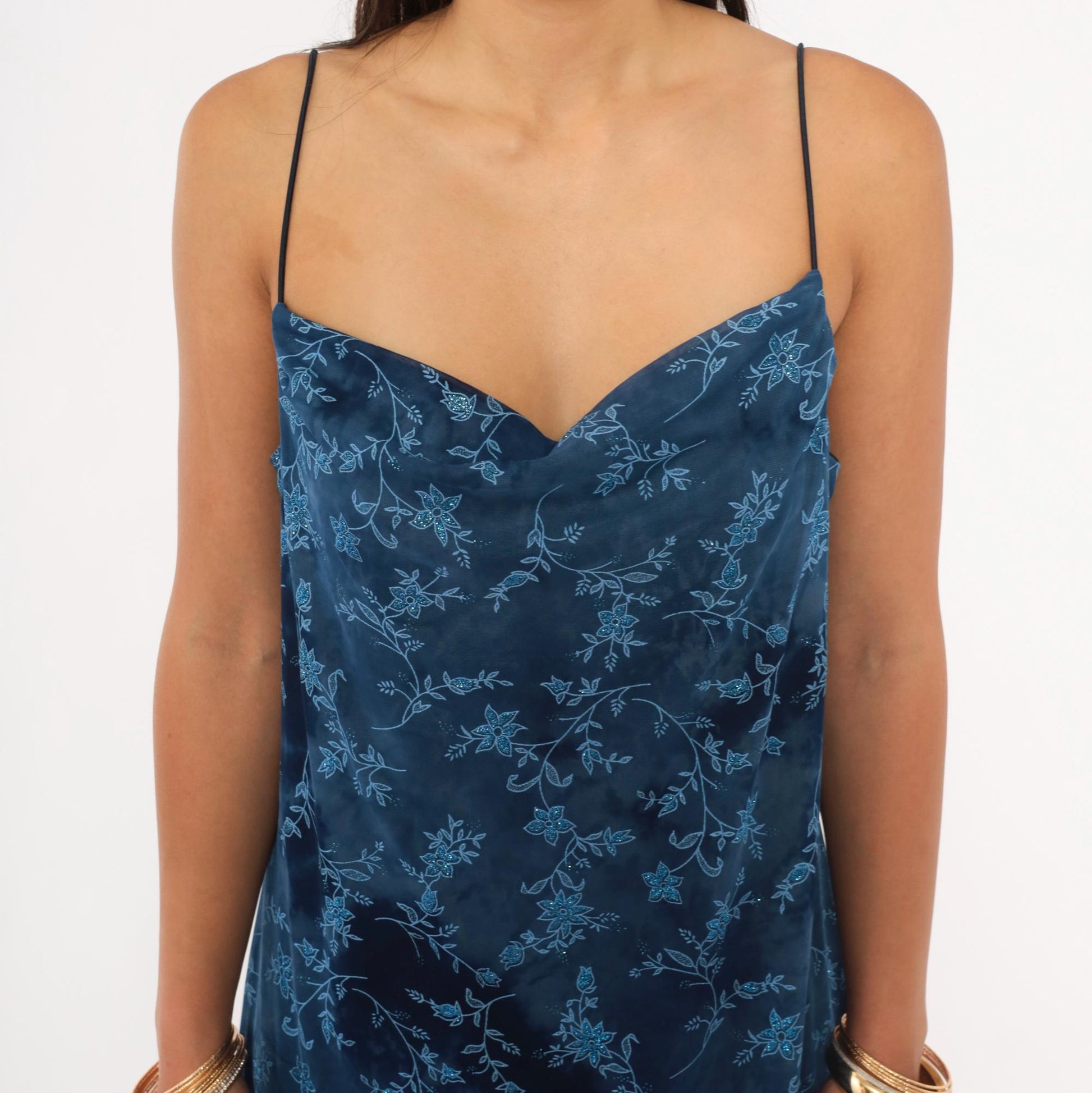 90s Jodi Michaels Navy Floral Maxi Slip Dress Glitter Sweetheart Neckline Large L