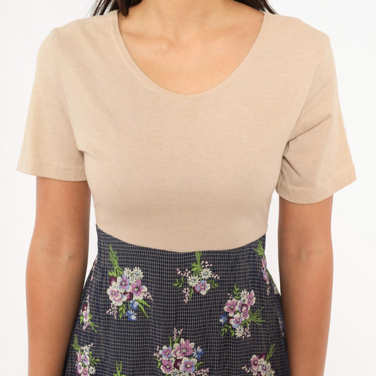 90s Gianfranco Bassi Floral Midi Dress Navy Bouquet Sand Bodice Medium
