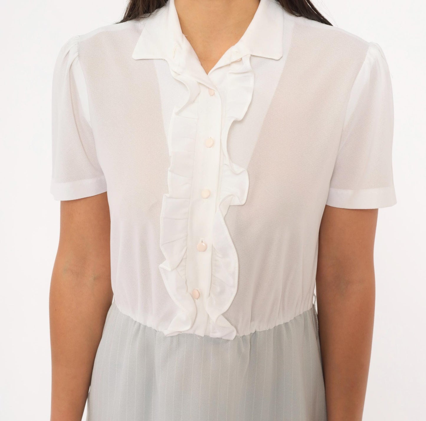 80s Two-Tone Shirtdress White Ruffle Pinstripe Grey Puff Sleeve Small Medium