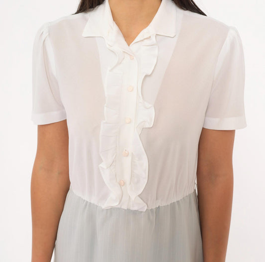 80s Two-Tone Shirtdress White Ruffle Pinstripe Grey Puff Sleeve Small Medium