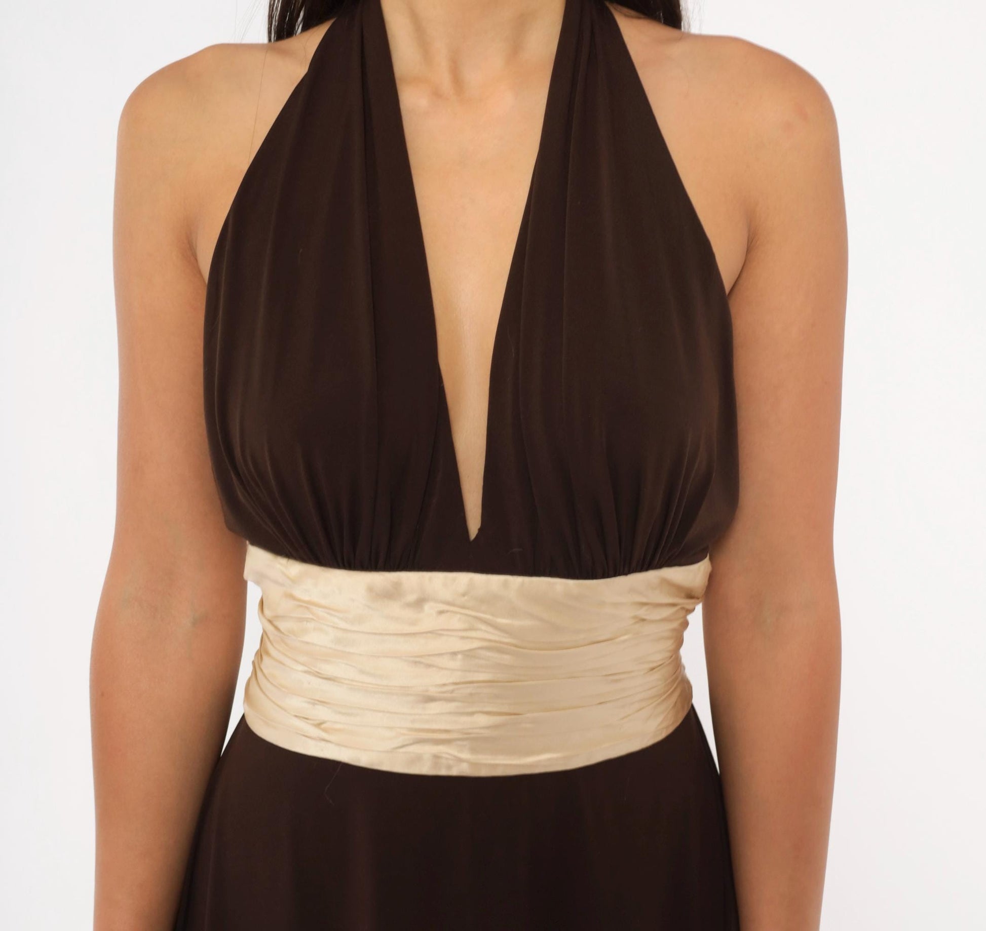 Maggy London Chocolate Halter Dress Silk Sash Deep V Open Back Knee Length Medium