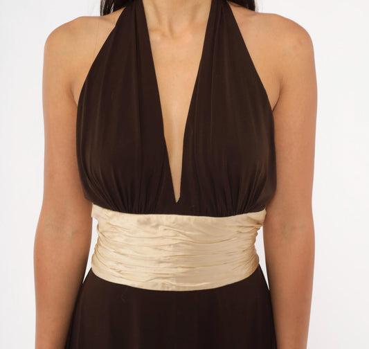 Maggy London Chocolate Halter Dress Silk Sash Deep V Open Back Knee Length Medium