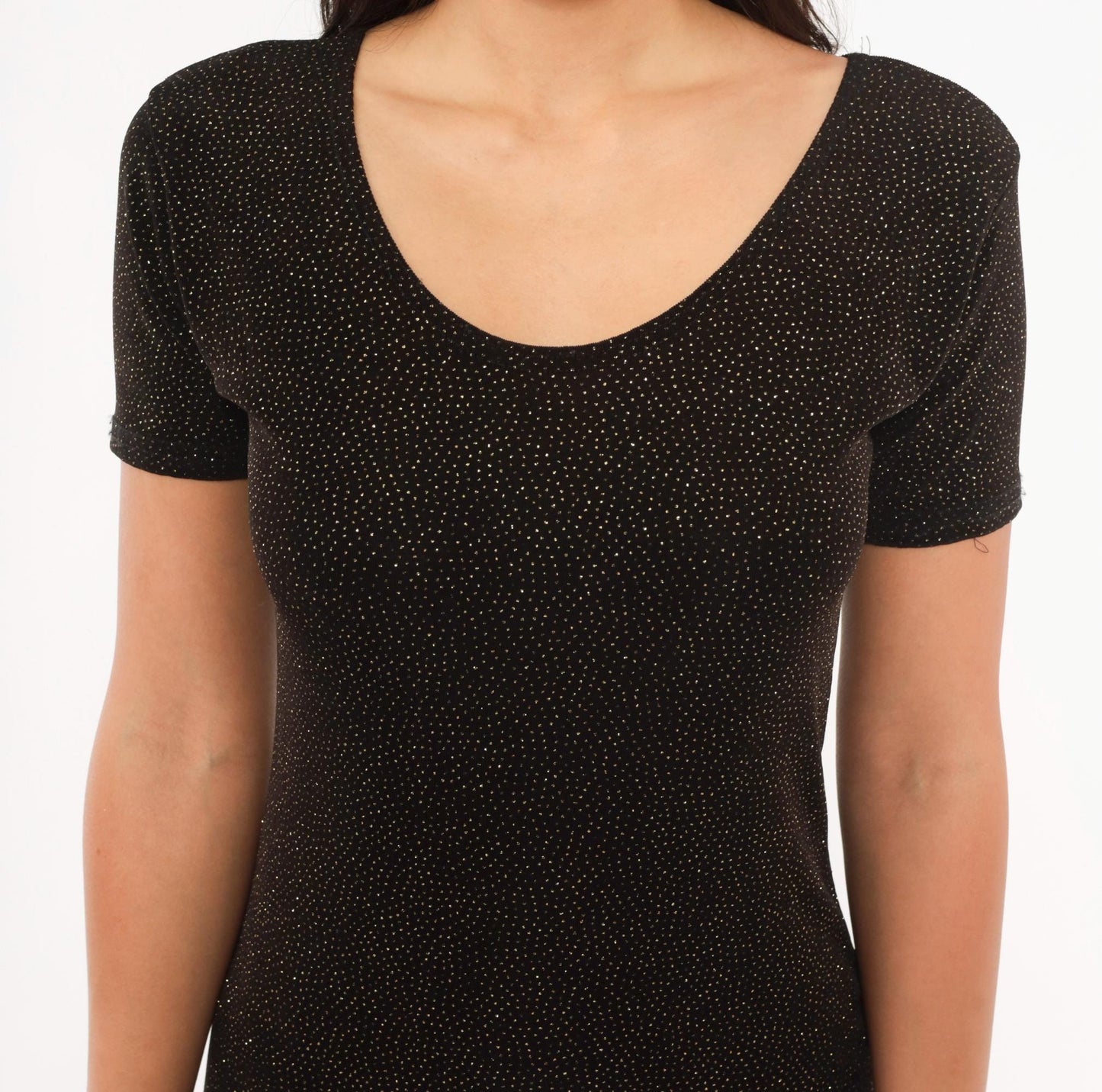 90s Novel-Tee Gold Glitter Black Bodycon Mini Dress Short Sleeve Large L