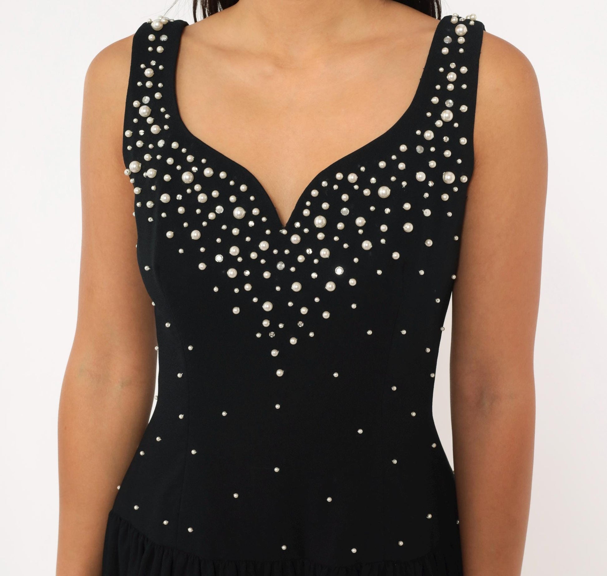 80s Morton Myles Black Pearl Beaded Sweetheart Neckline Cocktail Dress Medium