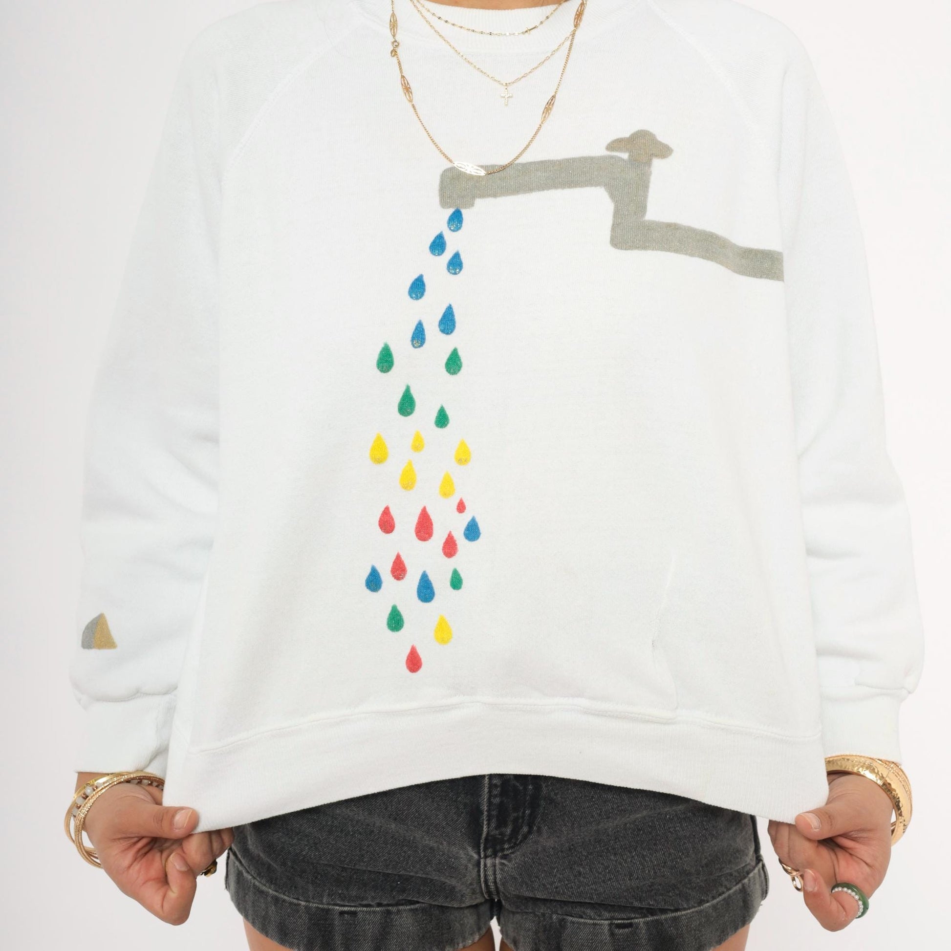 90s Basset Walker White Crewneck Sweatshirt Faucet Raindrop Graphic Raglan Small