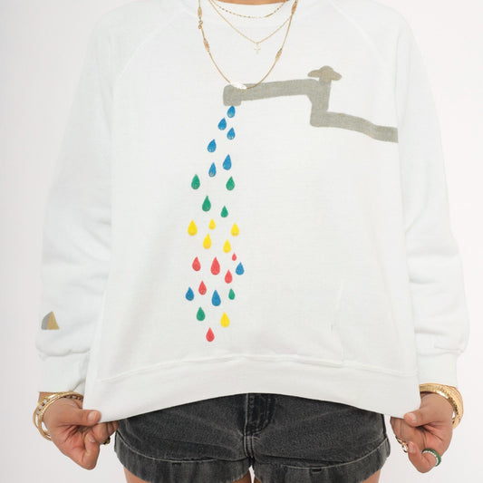 90s Basset Walker White Crewneck Sweatshirt Faucet Raindrop Graphic Raglan Small